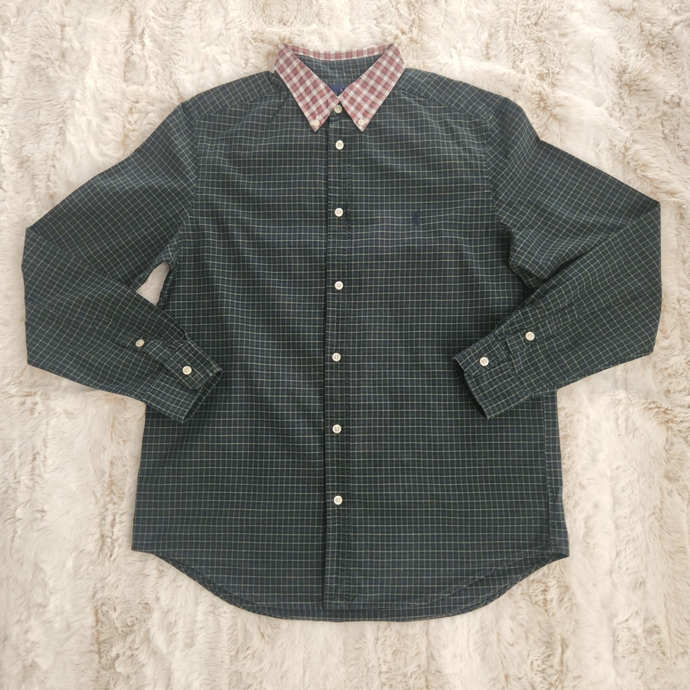Ralph Lauren Men's Green Checkered Classic Shirt with Plaid Collar
